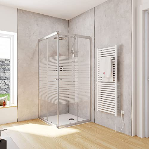 Schulte Duschkabine Corner Eckeinstieg mit Schiebetüren Silberfarben 4 mm Sicherheitsglas (ESG) Dekor Querstreifen 90x80 cm, Montage auf Duschwanne oder Fliese