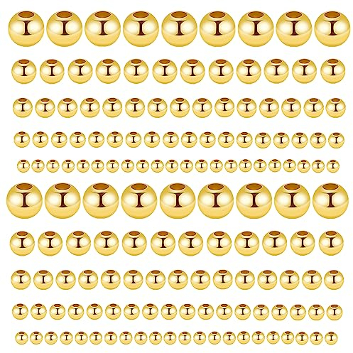Abeillo 300 Stück Abstandshalter 1,6/2,6/3,3/4,8/6 mm, goldfarbene Perlen zum Auffädeln, rund, glatt, aus Kunststoff, für Armband, Halskette und Schmuck
