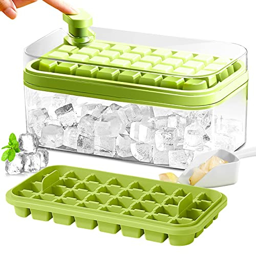 Ice Cube Tray with Lid and Bin, 2 Pack Ice Cube Trays for Freezer, 64 Pcs Ice Cube Mold, Press Button Easy Release Ice Tray, Small Ice Cubes Maker for Drinks(Green)