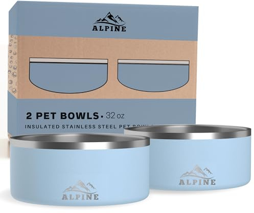 Alpine Set of 2 Stainless Steel Dog Bowls, Non Slip, Metal Pet Bowl for Food and Water, Double Walled Insulated, Rustproof, Dishwasher Safe- 32 Ounces- Sky Blue (AB)