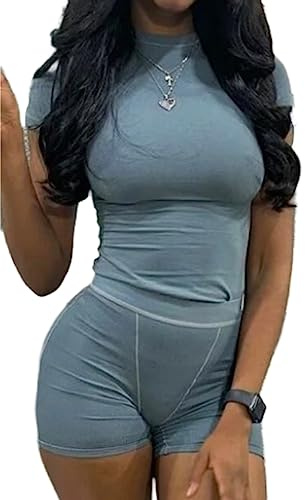 AYWA Conjuntos de dos piezas para mujer, camiseta ajustada de cuello redondo, leggings de cintura alta, pantalones cortos de motociclista, conjuntos a juego para la calle, Blue Grey-shorts, Large