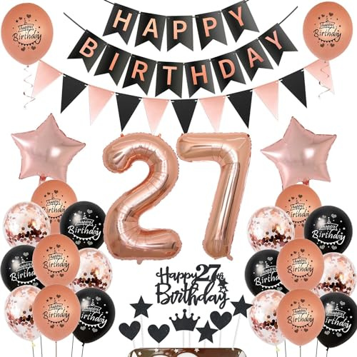 Luftballons 27 Geburtstag deko Frauen Schwarz rosegold ,ballon 27.Geburtstag deko für Frauen,deko 27 Tortendeko 27.geburtstag ,Geburtstagsdeko 27 jahre Frau Dekoration
