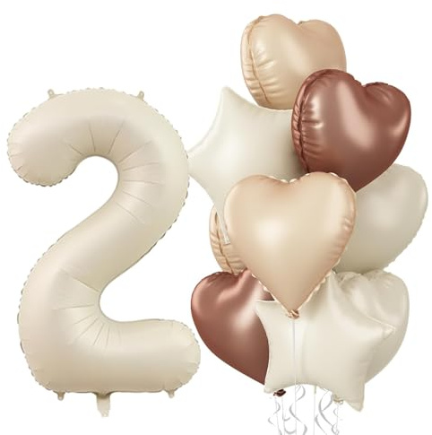 Large Number 2 Balloons, 40'' Beige Nude 2 Balloon with Foil Cream Star Balloon Decor, Neutral Coffee Brown Tan White Sand Helium Heart Balloon for Girls 2nd Birthday Anniversary Party Boho Decoration