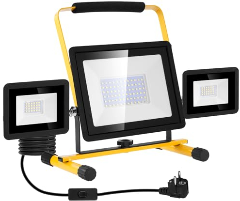 Viugreum Faretto LED da Cantiere 100W 8000LM Proiettore da Lavoro Impermeabile IP65 LED Tre Teste con Spina 3M Cavo Staffa Illuminazione Bianco Freddo 6500K Faro Portatile per Garage Costruzione