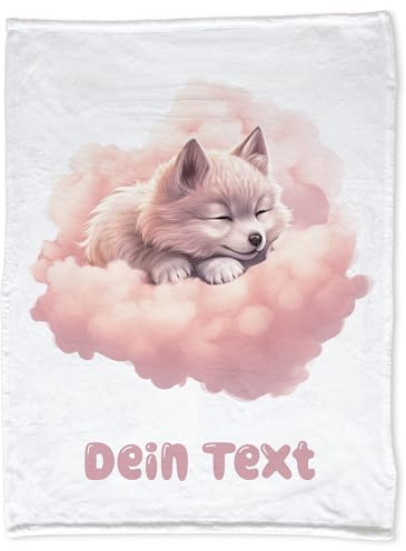 GRAZDesign Babydecke mit Namen personalisiert Wolf auf Wolke Super flauschig, Baby Kuscheldecke zur Geburt, Geburtstag, Weihnachten 100x75cm - Kuscheldecke