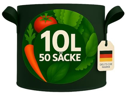 König Design 50 x 10 l planteringspåse av fleece-tyg – set om 50 l växtpåsar av 300 g/m² filt och fleece-tyg – planteringskruka, växtpåse för balkong, terrass, växthus och trädgård