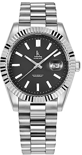 Alienwork Armbanduhr Herren Damen Silber Edelstahl Metallarmband Kalender Datum Schwarz Klassik Elegant