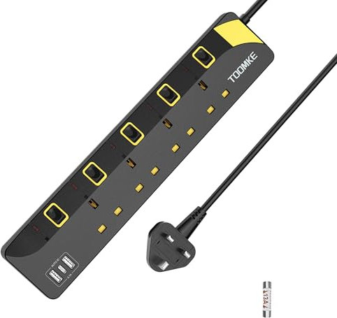 Toomke Extension Lead with USB Slots, 4 Way (13A/3250W) Plug Extension Socket with 2 USB A & 1 USB C, Mountable Power Strip with Individual Switches, Child Safety UK Plug 1.5m Extension Cord, Black