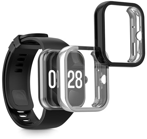 kwmobile Carcasa Compatible con Xiaomi Redmi Watch 4 Funda - 2X Protector Pantalla Completo - Ultrafino y antigolpes - Negro/Plata