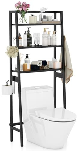 GOPLUS Toilettenregal, 3-stufiges Badezimmerregal mit 2 Haken und Toilettenpapierhalter, Waschmaschinenregal platzsparend für Badezimmer, Waschküche, Balkon (Schwarz)