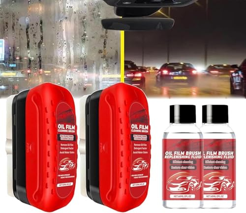 Detergente per vetri per auto, 120 ml + confezione di ricarica 60 ml, Automotive Oil Film Cleaning Brush, Potente detergente per parabrezza e rimozione della pellicola d'olio (2Pcs)