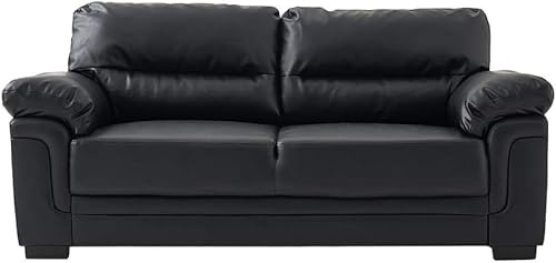 Panana Faux Leather Sofa, Pillow Arms, Cushion Back, 2 Seater or 3 Seater, Black or Beige (Black, 3 Seater)