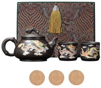 Farbwechsel Teekanne und Tassenset,Lila Tontopf mit Drachen und Phönixmuster,Chinesisches Kung Fu Teeset,Keramik 1 Topf 2 Tassen,180ML,Mit Untersetzer (C-Drache Phönix, Mit Geschenkbox)