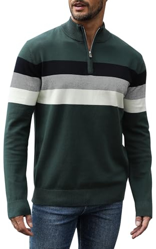 Superora Hombre Jersey a Rayas de 100% Algodón Invierno Pullover Manga Larga Suéter Cuello Alto con Cremallera 1/4 Zip