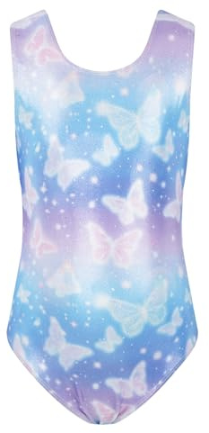 JiAmy Leotardos de gimnasia para niñas, sin mangas, con brillos, para danza y ciclista, body de ballet atlético brillante, traje de una pieza para niños de 3 a 12 años, Mariposa de colores, 9-10 años