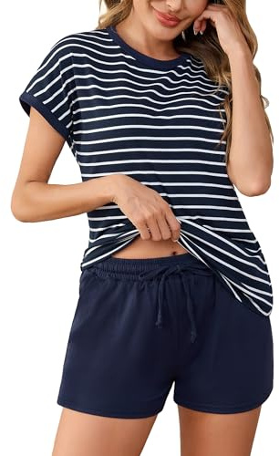 Litherday Pyjama Femme Court Coton Ensembles de Pyjama Femme Été Vêtements de Nuit Manches Courtes à Rayé et Short Court avec Poches Vêtements De Détente Doux S-XXL