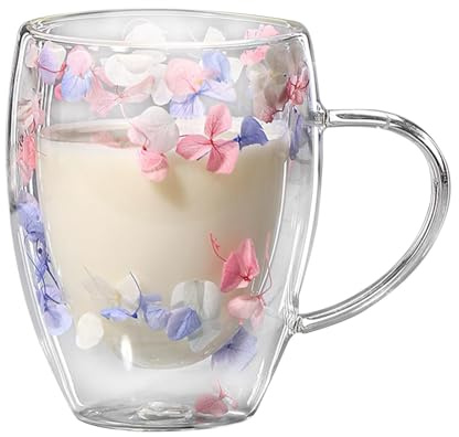 Cute Mugs Aesthetic - Taza de de doble pared de 350 ml, diseño de flores secas, taza de té de vidrio con asa, resistente al calor, taza estética para café con leche y café con leche