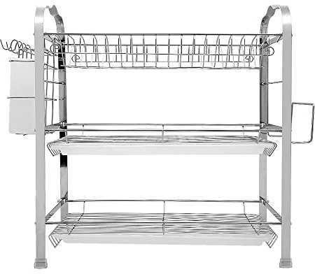 HUOLE Edelstahl-Abtropfgestell mit Abtropfbrett für Teller, Schüsseln, Tassen für Küchenregal, abnehmbar, 23 Ebenen (42 * 25 * 49 cm (Essstäbchenkäfig + Getränkehalter))