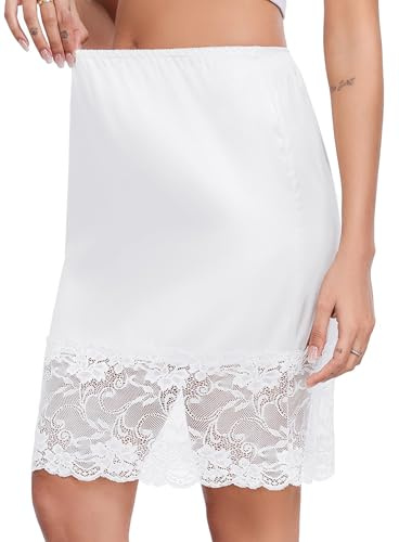Lovasy Sottogonna Sexy Donna Corta Seta Sottogonna in Pizzo Confortevole e Antistatiche Mezza Sottoveste Gonna Morbido Raso Sottovesti con Elastico in Vita Gonne da Donna,A Bianco,L