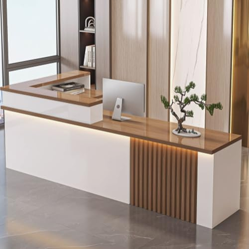 GUQASDV Empfangstresen für Praxis, Reception Desk Salon, Empfangstheke Tresen Rezeption, Rezeptionstheke Holzwerkstoff mit Lichtstreifen für Lobby, Geschäft(White+Brown,120cm)