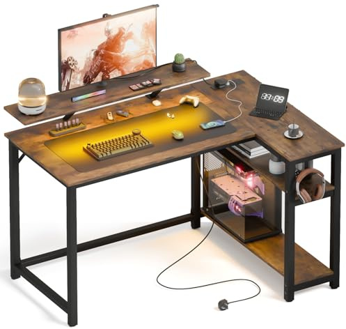 Mondeer Gaming Tisch L Form mit LED, 120 x 90 cm Reversibel Schreibtisch mit 2 Steckdosen und 2 USB Ladeanschluss, Eckschreibtisch mit Regal & Haken, für Büro Heimbüro, Vintage Braun