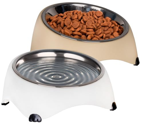 Sinbeon Katzennapf, 2 Stück 15° Schräg Futternapf Katze Edelstahl Set, Erhöhter Fressnapf Katze Hundenapf für Wasser Snack Weiß Gelb