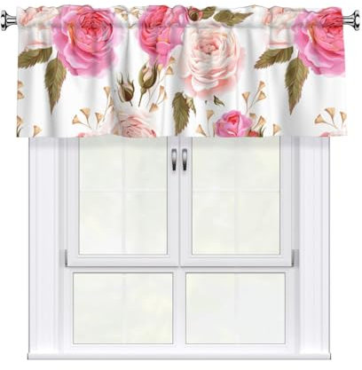 Yyoretp Floral Flower Rose Pink Print Valance Curtains Blackout for Windows,Bathroom Bedroom Light Filtering,1 Panel