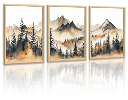 WENGTIAO Toile Peinture Encadré Aquarelle Montagne Forêt Tableau Decoration | Paysage Abstrait Nature Brumeux Montagne Peinture pour Decoration Murale Salon Maison Deco Chambre 40x60cmx3
