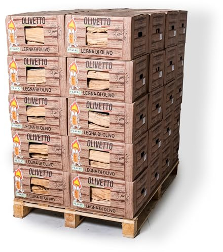 OLIVETTO FEMIRO Legna da Ardere di Olivo in scatole da 10 Kg su Bancale in Scatole di Cartone. Ideale per camini, stufe, forni, pizzerie e barbecue. Confezioni da 10 a 480 kg. (400 Kg)
