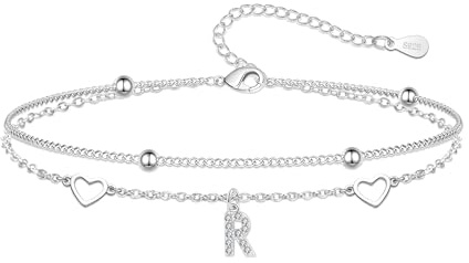 Hcvone S925 Bracelets for Women Girls Silver Heart Initial A-Z Bracelet Layered Bead Bracelets Jewellery For Friends Mum Daughter Sister (R)
