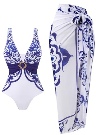 SherryDC One Piece Swimsuit with Cover up Wrap Skirt Sarong Floral Print Plunge V Neck Bathing Suit for Women