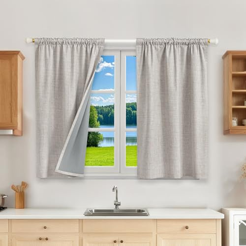 Runyéla 100% Tenda oscurante termica anti freddo, 2 x 90 x 120 (LxH) Tende in lino opache con fettuccia arricciatrice per binario di soggiorno camera da letto casa Anti Calore Rumore Grigio Bianco