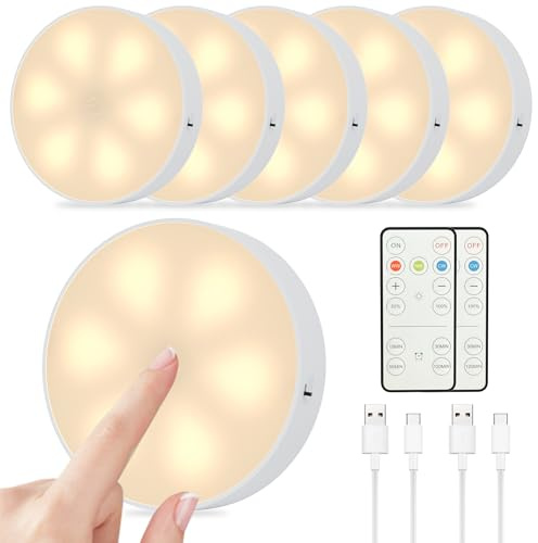 SOAIY 6er-Set LED Unterbauleuchte mit Touchsensor dimmbar Vitrinenbeleuchtung USB C wiederaufladbar Schrankleuchte Magnet Küchenlampe 3 Lichtfarbe mit Fernbedienung Timer für Schränke Vitrinen Küche