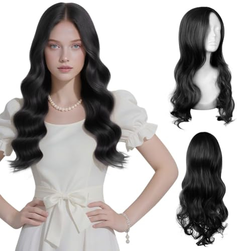 AUYAO Peluca Negro Ondulado Largo con 1 Redecilla Pelo, Peluca Ondas Larga de Fibra Resistente Calor, Pelucas Mujer Niñas para Cosplay Fiesta Diario