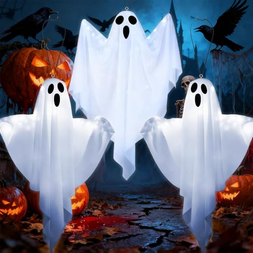 Taechalingo Halloween Deko Outdoor, 3 Stück Halloween Deko Geister, Gruselige Geist Windsack Hängende Dekoration mit LED Licht, Hängende Dekorationen für Rasen, Hof, Haunted House