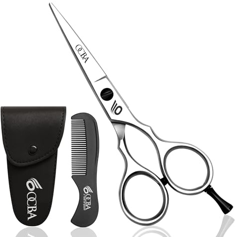 OCBA Beard Scissor Professional Moustache Scissors Ear and Nose Hair Trimming Scissors Stainless Steel, Safety Use for Eyebrows (Classic Silver)