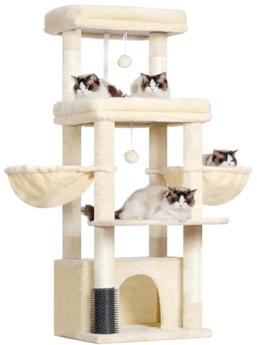 Hey-brother Katträd, klösträd för stor katt och maine Coon-katter, flervåningsstabilt klösträd för katter med 2 stora plattformar, 2 kattkorgar, stor kattgrotta, kammaskin, beige EMPJ070M