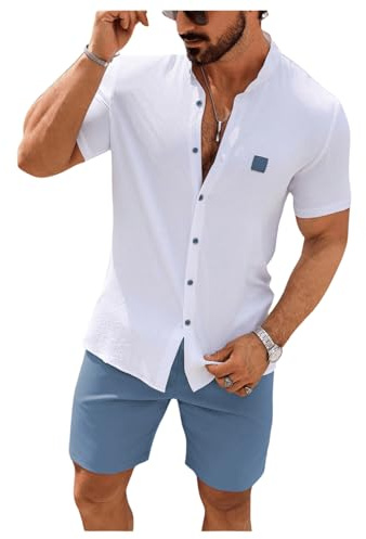 SOLY HUX Men's Summer Outfits 2 Piece Short Sets Casual Beach Outfit | Button Down, Drawstring Waist, with Pockets, Vacation Outfits, Tracksuits, White and Dusty Blue, Large