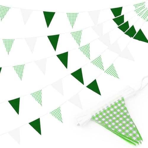 10 m grön vit vimpelkedja (36 stycken), tygflagga gingham-vimpel,för vår picknick utomhus hem fest festivaler dekoration jul bröllop födelsedag alla hjärtans dag karneval