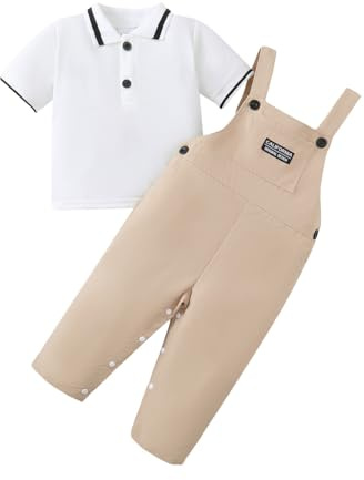 JENJON Completo Estate Vestiti Set di Pantaloncini a Bretelle per Ragazzi Maglietta a Righe a Maniche Corte + Salopette Primavera Completini Set Cachi Polo 18-24 Mesi
