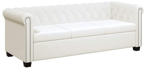 YUTAASU Divano Chesterfield a 3 posti in ecopelle bianca con bottoni e decorazione con borchie, braccioli curvi, seduta imbottita spessa, facile da pulire e resistente, per la casa