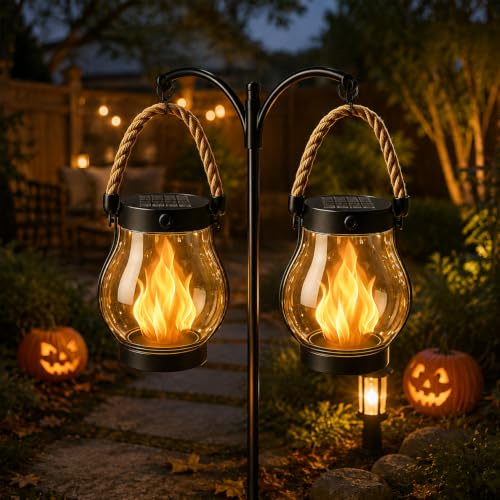 Klynero Solar-Laterne mit Flammeneffekt, 2027 NEU Klynero LED Solar Lantern, Solar- und USB-C-Ladung für AußEn Halloween Dekoration, Ideal für Garten, Balkon und Terrasse (2 Stück)