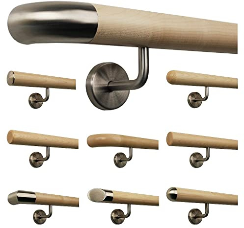 Corrimano in acero, per scale, in legno, con manico ad angolo, in acciaio inox, lunghezza 30 – 500 cm, in un unico pezzo/variante: 60 cm con 2 supporti in acciaio inox