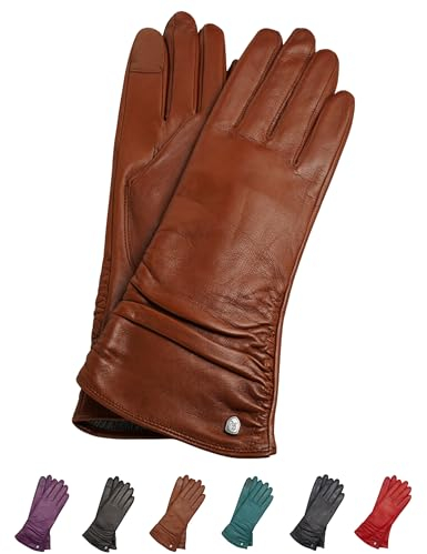 AKAROA ESTD 2019 Lederhandschuhe Damen BEA, Touchscreen Funktion, italienisches Leder, recyceltes Strickfutter aus 50% Kaschmir und 50% Wolle, 4 Größen S - XL, cognac, L - 8