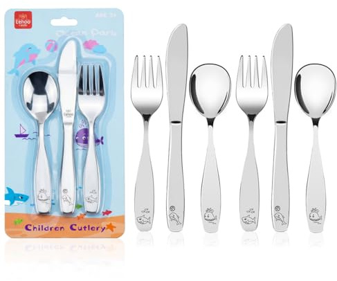 Lehoo Castle Toddler Cutlery Set, 6-Piece Stainless Steel, Ocean Park | 2 Complete Place Settings, Rounded Edges, Child-Sized Design, Dishwasher Safe, Self-Feeding Practice