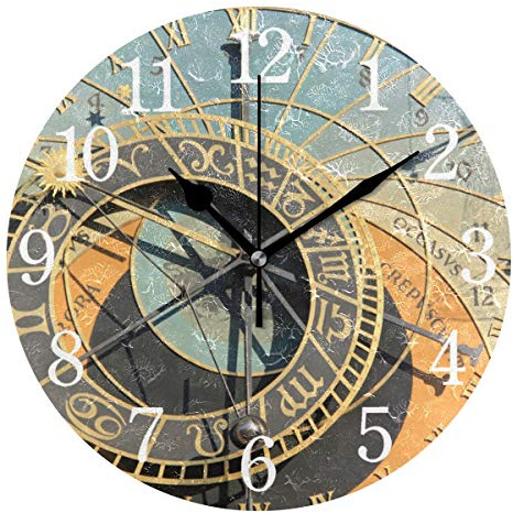 BKEOY Wanduhren mit Vintage-Maleroberfläche, Prag, antike Astronomische Uhr, Muster, geräuschlos, nicht tickend
