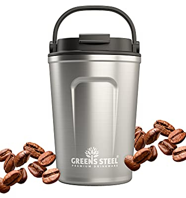 Greens Steel Reusable Coffee Cup - 350 ml (12 oz) Silver | Travel Mug with Lid & Handle | Stainless Steel Insulated Flask for Hot & Cold Drinks | Leak Proof Tumbler for Tea, Coffee, Iced Drinks