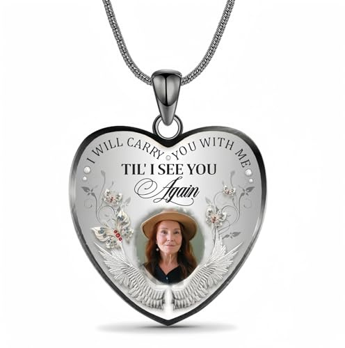 Drawelry Personalised Memorial Necklace, Sterling Silver Angel Wing Pendant with Custom Photo, Heart Memory Jewelry Gift for Women Men Family