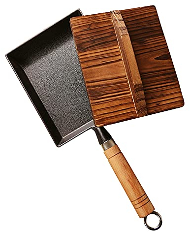 Tamagoyaki Pan Mini Sartén Para Tortilla Japonesa Rectángulo De Hierro Fundido Sin Recubrimiento Con Tapa De Madera Lata Como Plato Para Servir Invitados, Negro