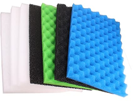 INGVIEE Jardin Poisson Étang Bassin Mousse Éponge Filtrante 17 x 11 (1x Noir Gros, 1x Bleu Moyen, 1x Vert Fin, 1x Charbon Actif, 3X Ouate Filtrante)